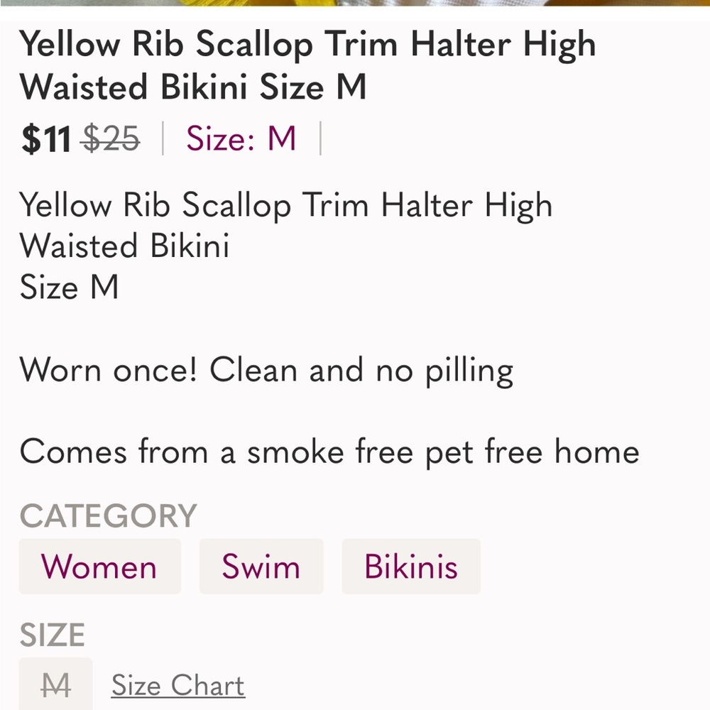 Yellow Rib Scallop Trim Halter High Waisted Bikini Size M